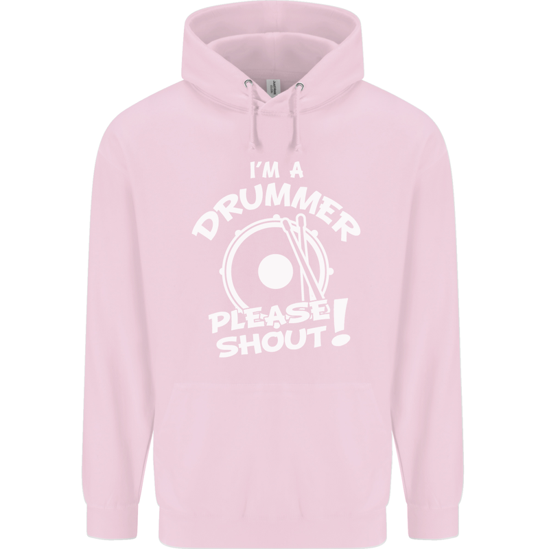 Drumming I'm a Drummer Please Shout Funny Childrens Kids Hoodie Light Pink