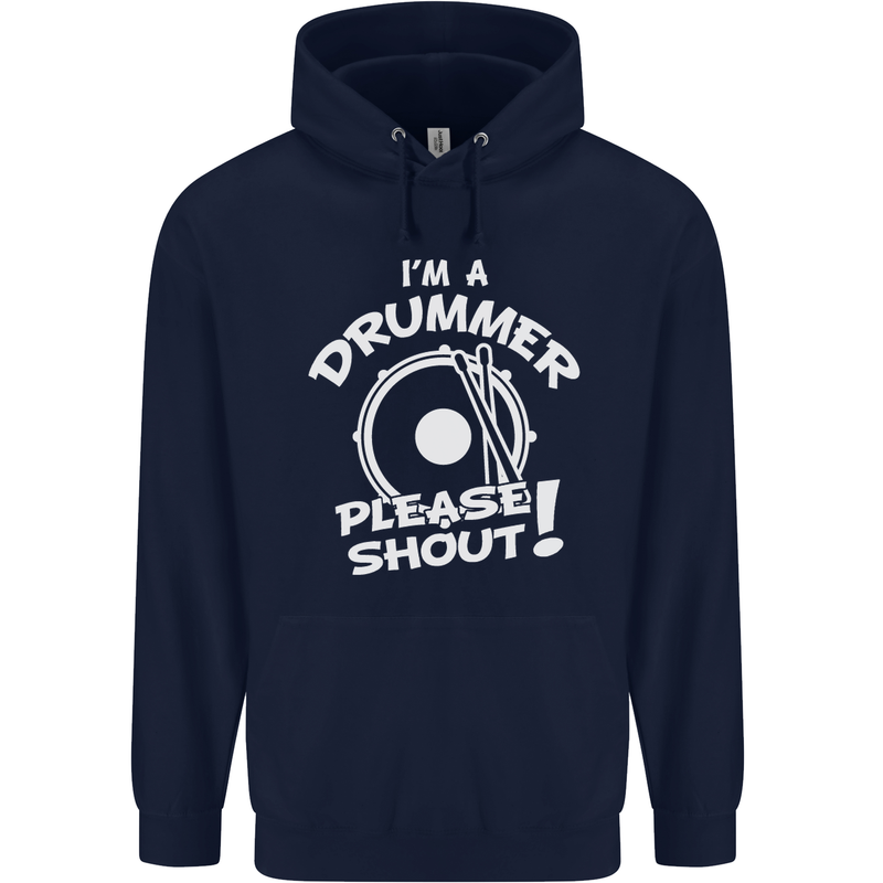 Drumming I'm a Drummer Please Shout Funny Childrens Kids Hoodie Navy Blue