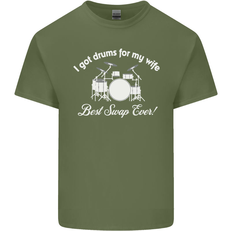Drums for My Wife Drummer Drumming Mens Cotton T-Shirt Tee Top Military Green