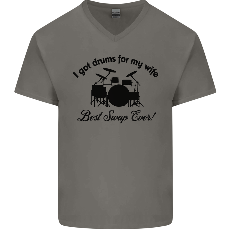 Drums for My Wife Drumming Drummer Mens V-Neck Cotton T-Shirt Charcoal