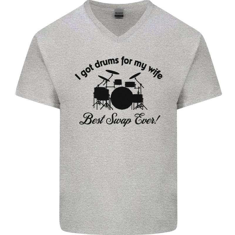 Drums for My Wife Drumming Drummer Mens V-Neck Cotton T-Shirt Sports Grey