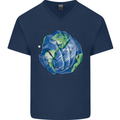 Earth Hands Climate Change Environment Mens V-Neck Cotton T-Shirt Navy Blue