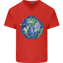 Earth Hands Climate Change Environment Mens V-Neck Cotton T-Shirt Red