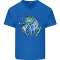 Earth Hands Climate Change Environment Mens V-Neck Cotton T-Shirt Royal Blue