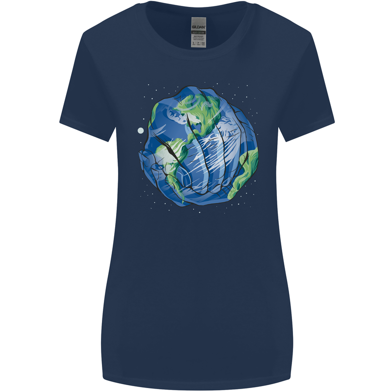 Earth Hands Climate Change Environment Womens Wider Cut T-Shirt Navy Blue