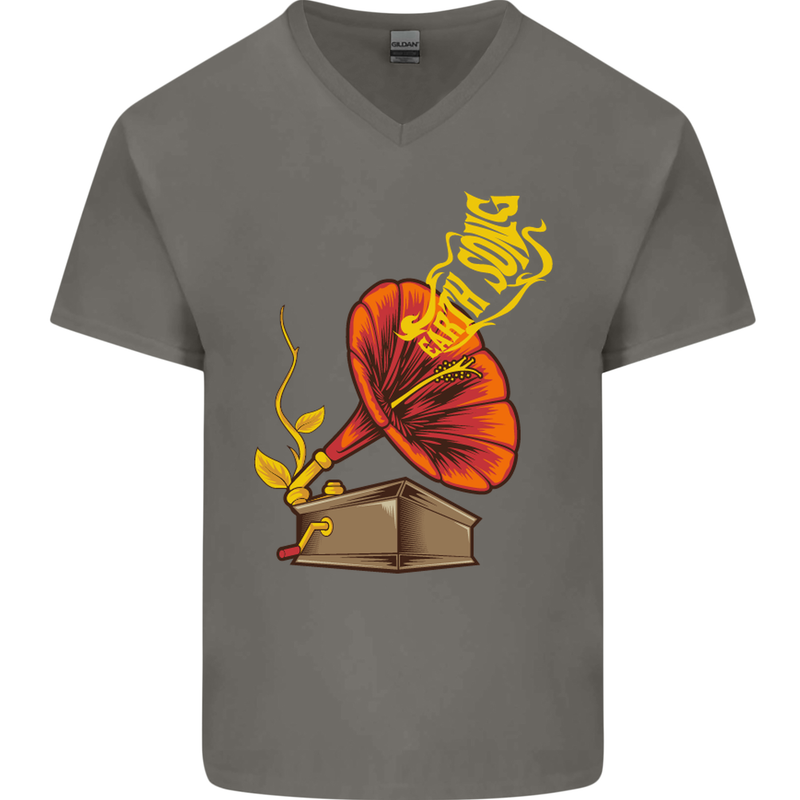 Earth Song Gramophone Music DJ DJing Mens V-Neck Cotton T-Shirt Charcoal