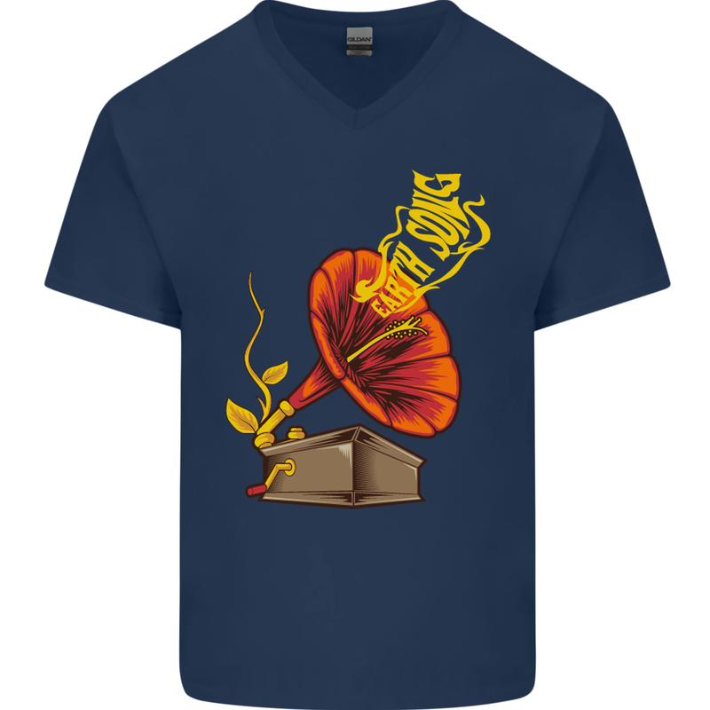 Earth Song Gramophone Music DJ DJing Mens V-Neck Cotton T-Shirt Navy Blue