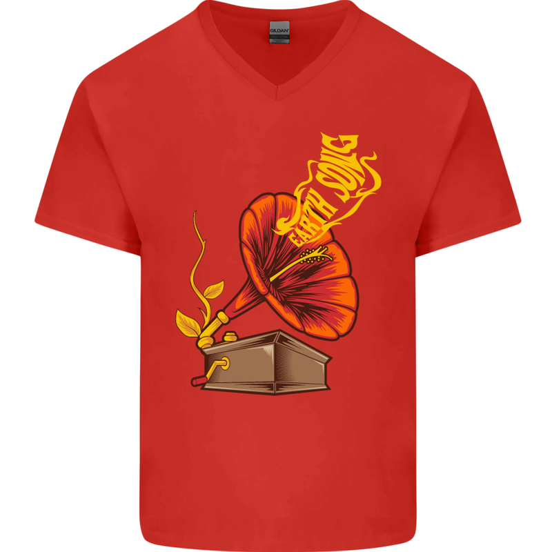 Earth Song Gramophone Music DJ DJing Mens V-Neck Cotton T-Shirt Red