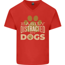 Easily Distracted By Dogs Funny ADHD Mens V-Neck Cotton T-Shirt Red