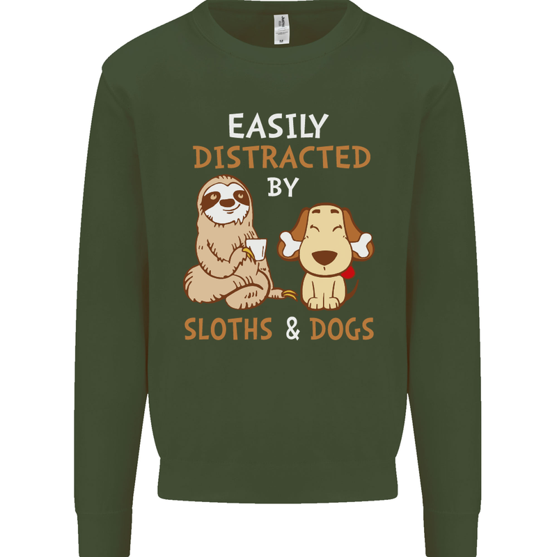 Easily Distracted Dogs & Sloths Funny ADHD Kids Sweatshirt Jumper Forest Green