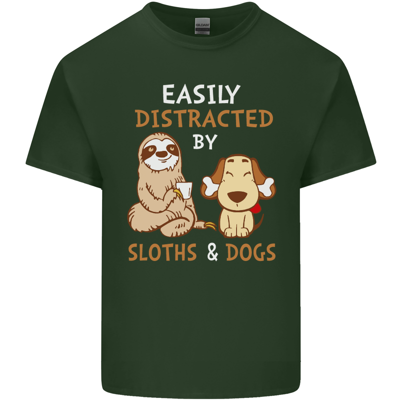 Easily Distracted Dogs & Sloths Funny ADHD Mens Cotton T-Shirt Tee Top Forest Green