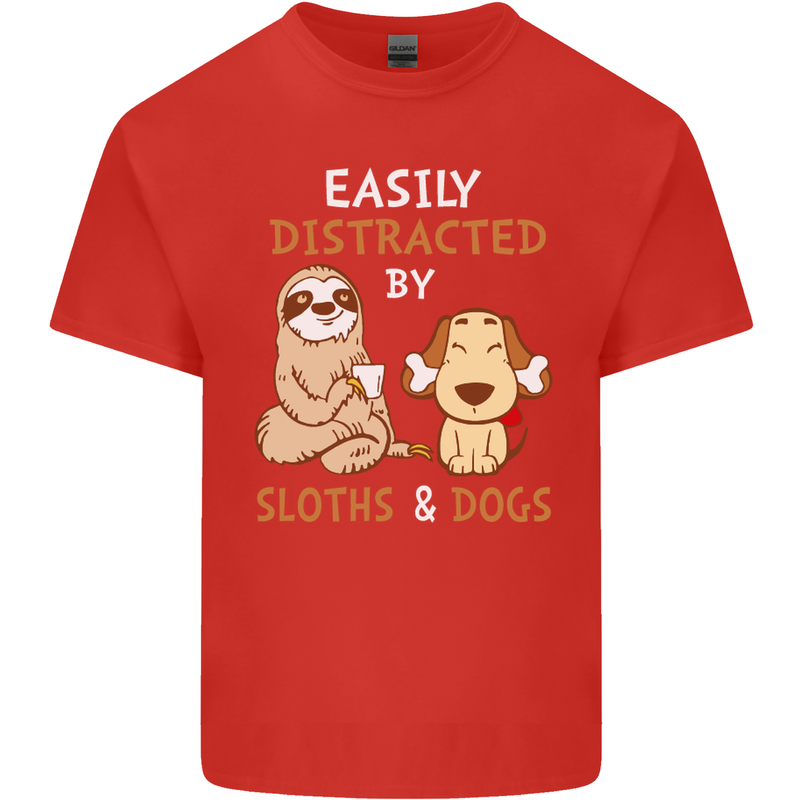Easily Distracted Dogs & Sloths Funny ADHD Mens Cotton T-Shirt Tee Top Red
