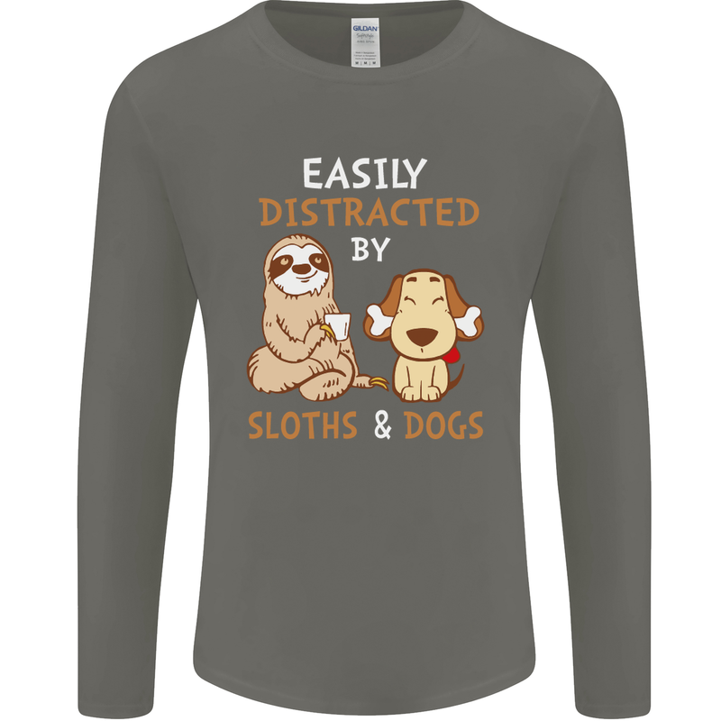 Easily Distracted Dogs & Sloths Funny ADHD Mens Long Sleeve T-Shirt Charcoal