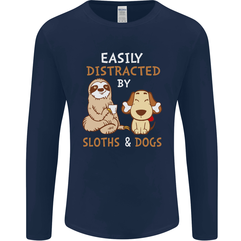 Easily Distracted Dogs & Sloths Funny ADHD Mens Long Sleeve T-Shirt Navy Blue