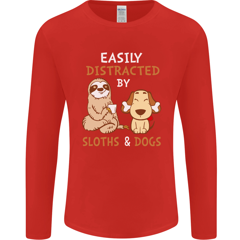 Easily Distracted Dogs & Sloths Funny ADHD Mens Long Sleeve T-Shirt Red
