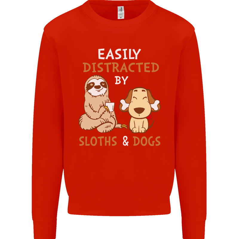 Easily Distracted Dogs & Sloths Funny ADHD Mens Sweatshirt Jumper Bright Red
