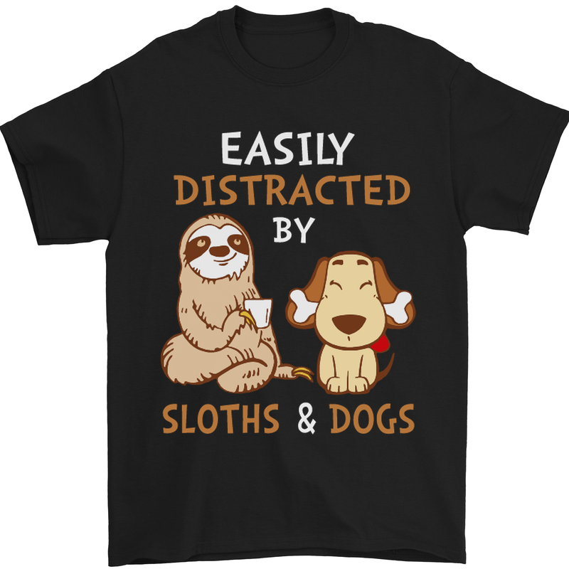 Easily Distracted Dogs & Sloths Funny ADHD Mens T-Shirt Cotton Gildan Black
