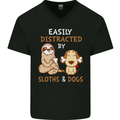 Easily Distracted Dogs & Sloths Funny ADHD Mens V-Neck Cotton T-Shirt Black