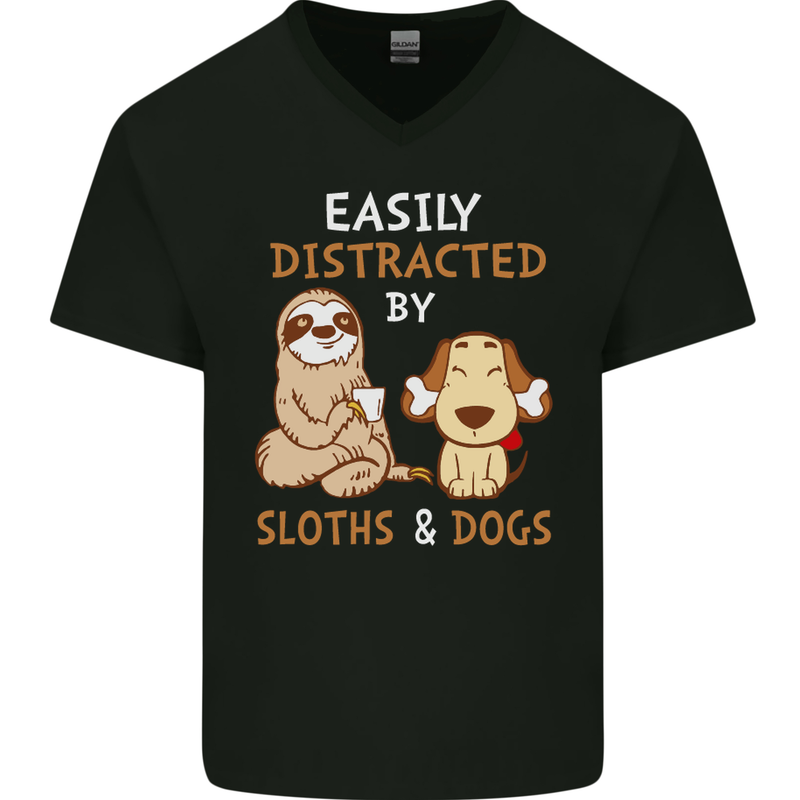 Easily Distracted Dogs & Sloths Funny ADHD Mens V-Neck Cotton T-Shirt Black