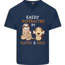 Easily Distracted Dogs & Sloths Funny ADHD Mens V-Neck Cotton T-Shirt Navy Blue