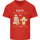 Easily Distracted Dogs & Sloths Funny ADHD Mens V-Neck Cotton T-Shirt Red