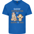 Easily Distracted Dogs & Sloths Funny ADHD Mens V-Neck Cotton T-Shirt Royal Blue