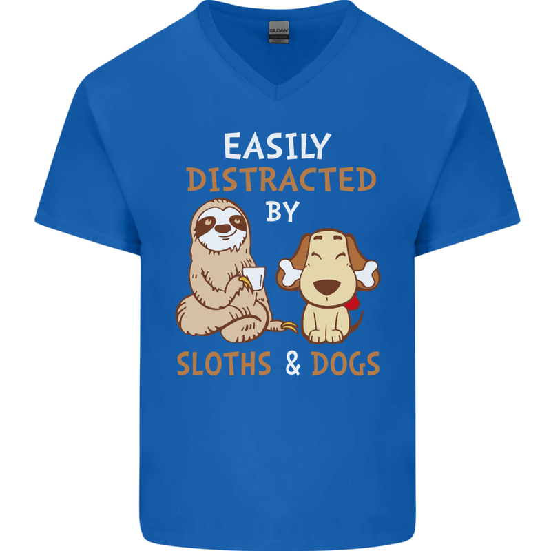 Easily Distracted Dogs & Sloths Funny ADHD Mens V-Neck Cotton T-Shirt Royal Blue