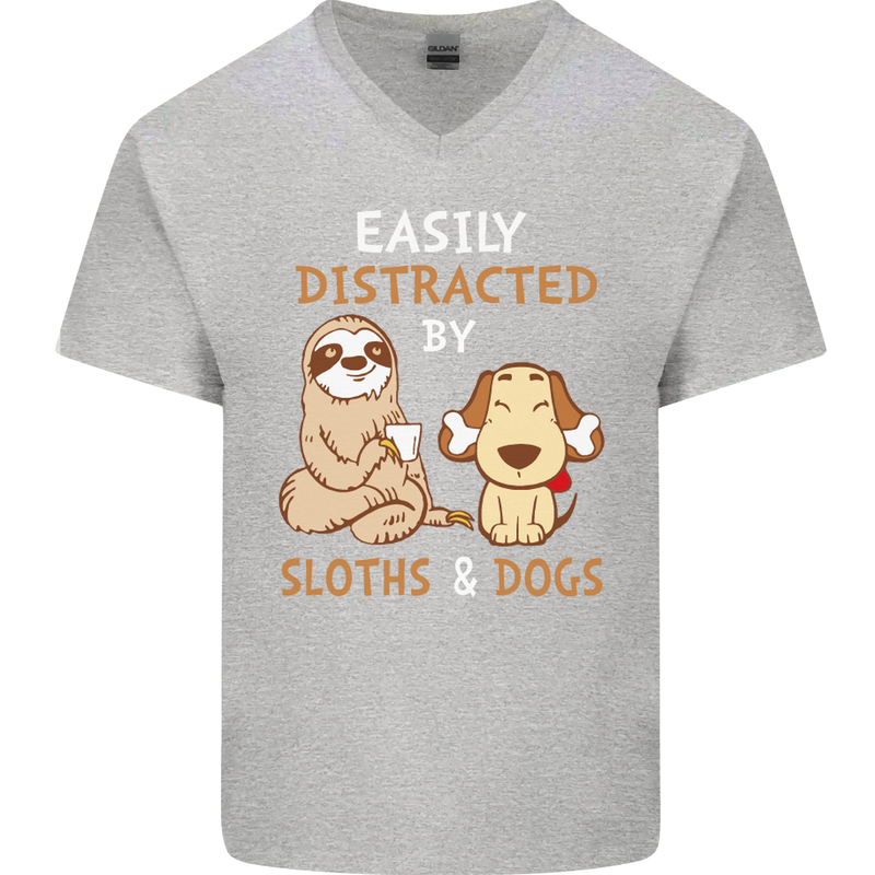 Easily Distracted Dogs & Sloths Funny ADHD Mens V-Neck Cotton T-Shirt Sports Grey
