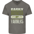 Easily Distracted Farmers Farming Mens V-Neck Cotton T-Shirt Charcoal
