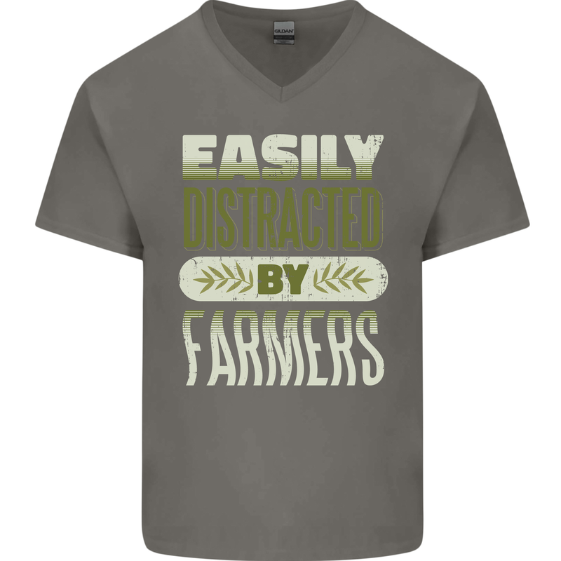 Easily Distracted Farmers Farming Mens V-Neck Cotton T-Shirt Charcoal