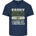 Easily Distracted Farmers Farming Mens V-Neck Cotton T-Shirt Navy Blue
