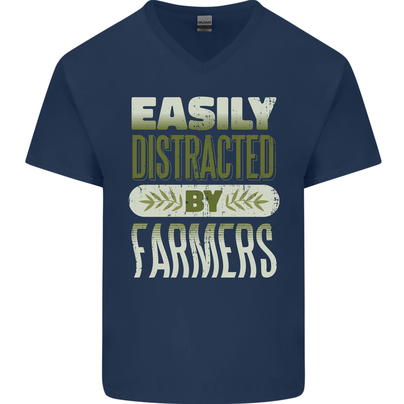 Easily Distracted Farmers Farming Mens V-Neck Cotton T-Shirt Navy Blue