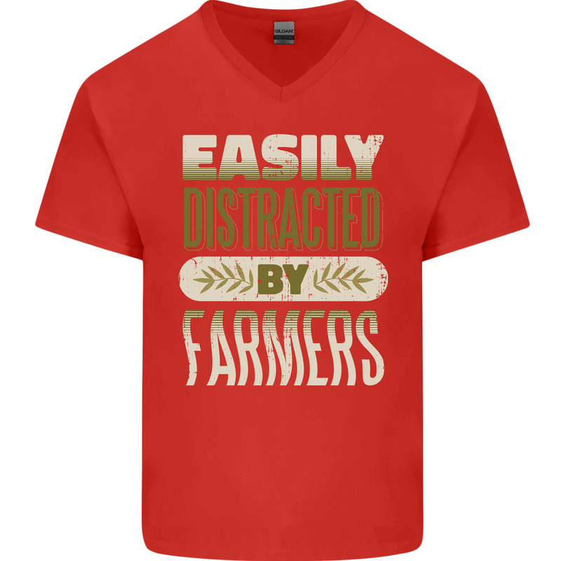 Easily Distracted Farmers Farming Mens V-Neck Cotton T-Shirt Red
