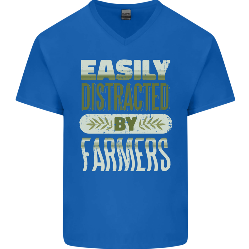 Easily Distracted Farmers Farming Mens V-Neck Cotton T-Shirt Royal Blue