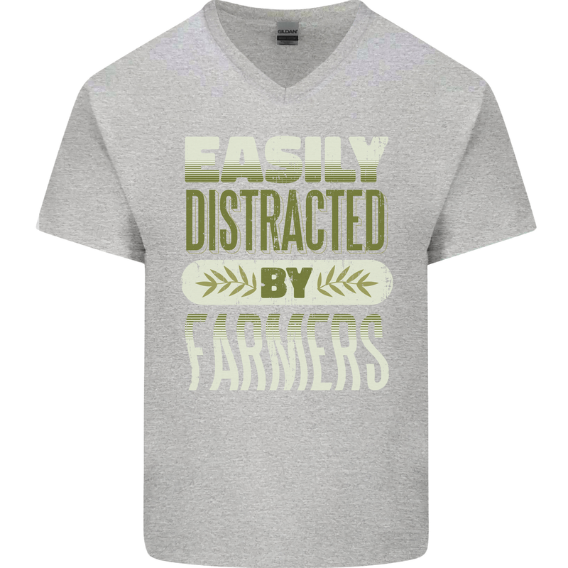 Easily Distracted Farmers Farming Mens V-Neck Cotton T-Shirt Sports Grey