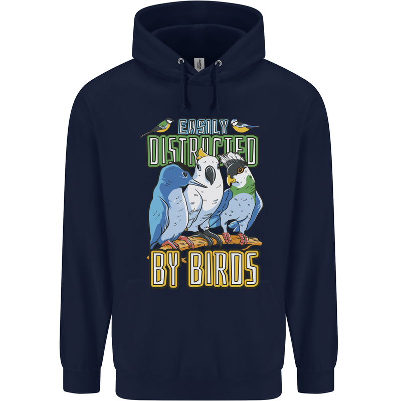 Easily Distracted by Bird Watching Mens 80% Cotton Hoodie Navy Blue