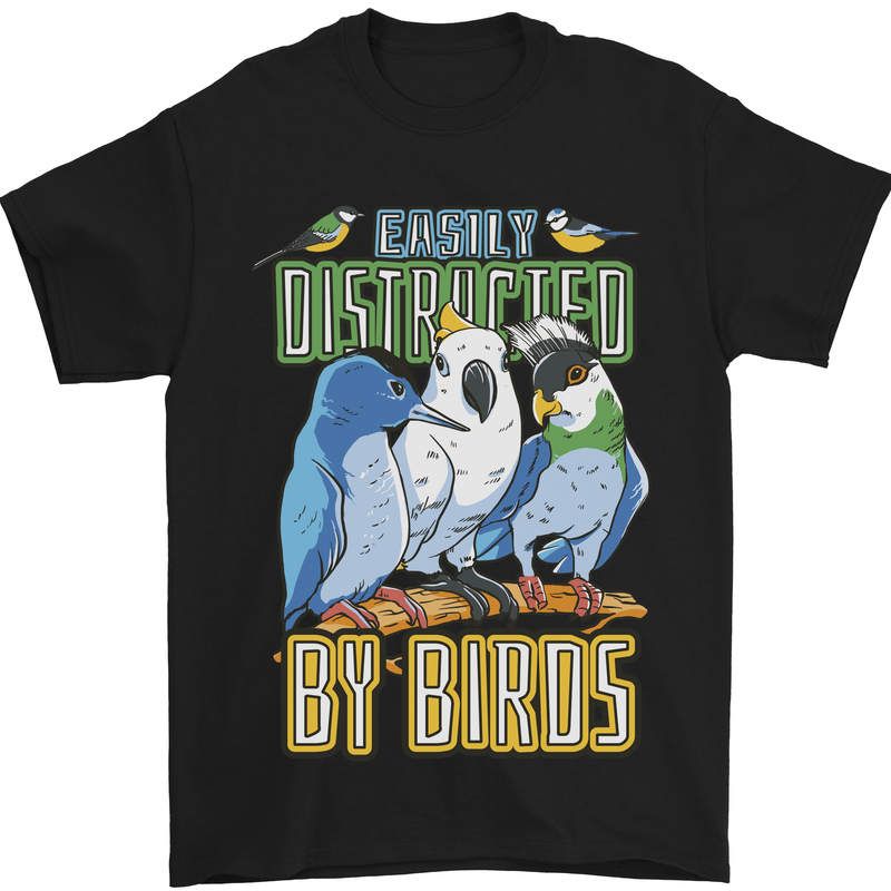 Easily Distracted by Bird Watching Mens T-Shirt 100% Cotton Black