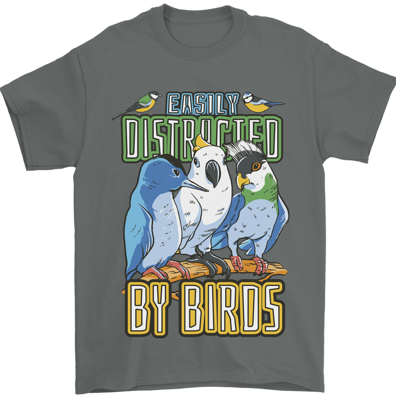 Easily Distracted by Bird Watching Mens T-Shirt 100% Cotton Charcoal