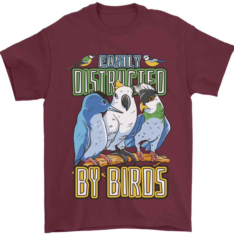 Easily Distracted by Bird Watching Mens T-Shirt 100% Cotton Maroon