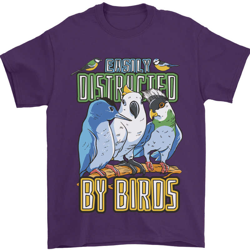 Easily Distracted by Bird Watching Mens T-Shirt 100% Cotton Purple