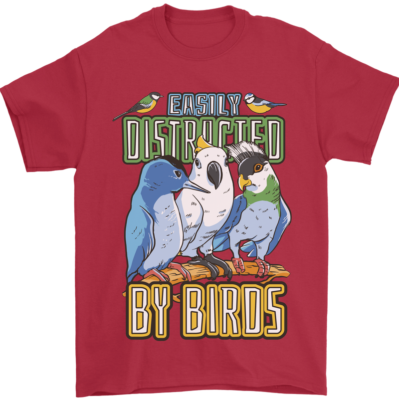 Easily Distracted by Bird Watching Mens T-Shirt 100% Cotton Red
