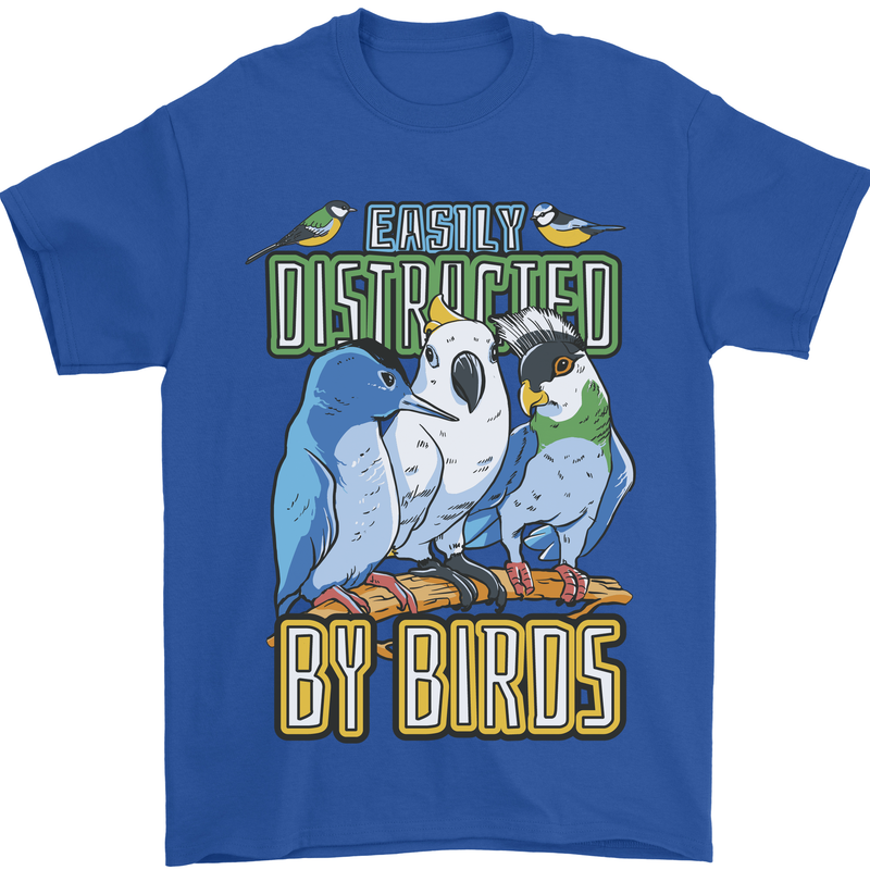 Easily Distracted by Bird Watching Mens T-Shirt 100% Cotton Royal Blue