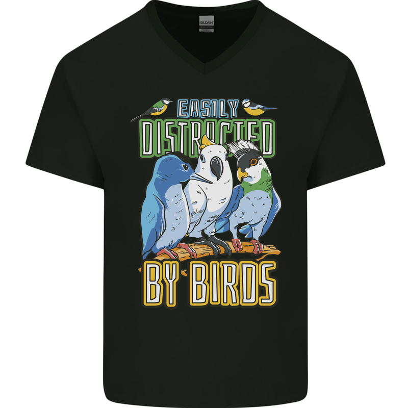 Easily Distracted by Bird Watching Mens V-Neck Cotton T-Shirt Black