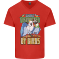 Easily Distracted by Bird Watching Mens V-Neck Cotton T-Shirt Red