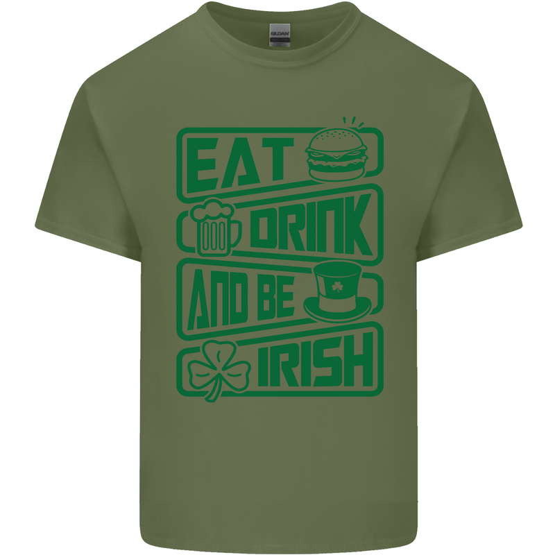 Eat Drink & Be Irish Funny St Patricks Day Mens Cotton T-Shirt Tee Top Military Green