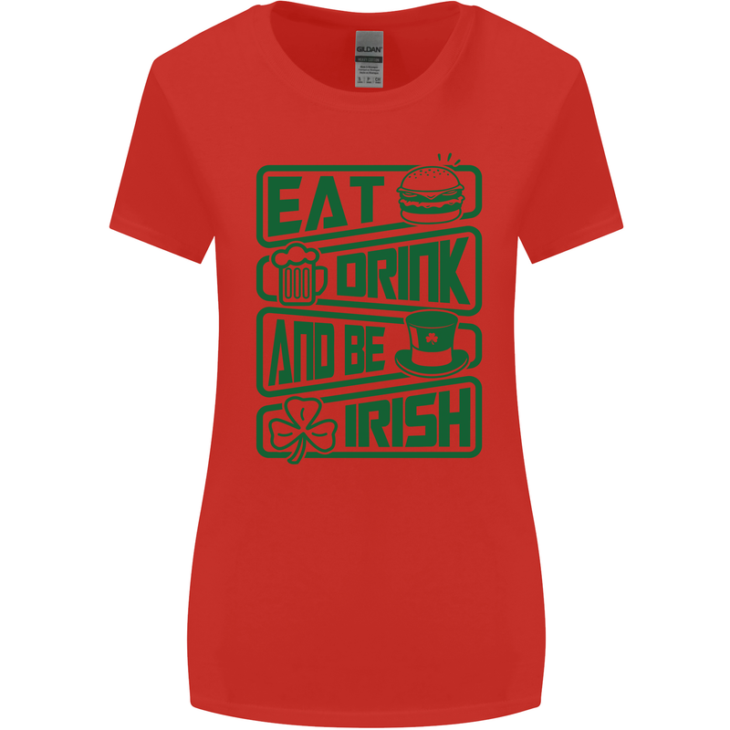 Eat Drink & Be Irish Funny St Patricks Day Womens Wider Cut T-Shirt Red