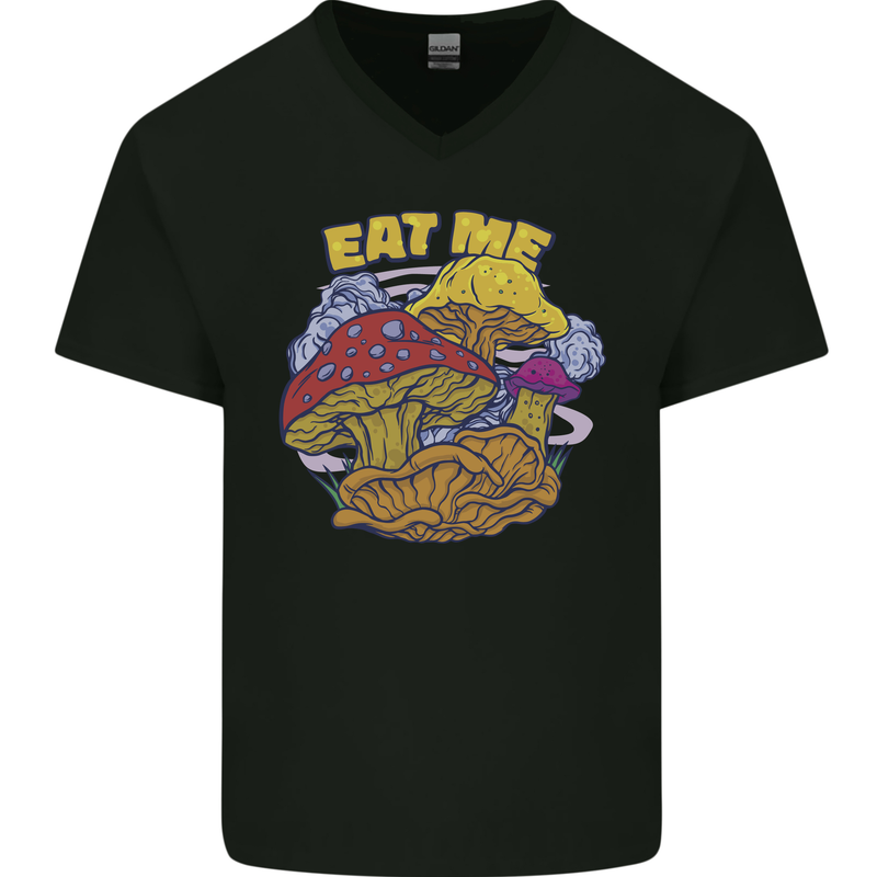 Eat Me Mushroom Fungi Mycology Mens V-Neck Cotton T-Shirt Black