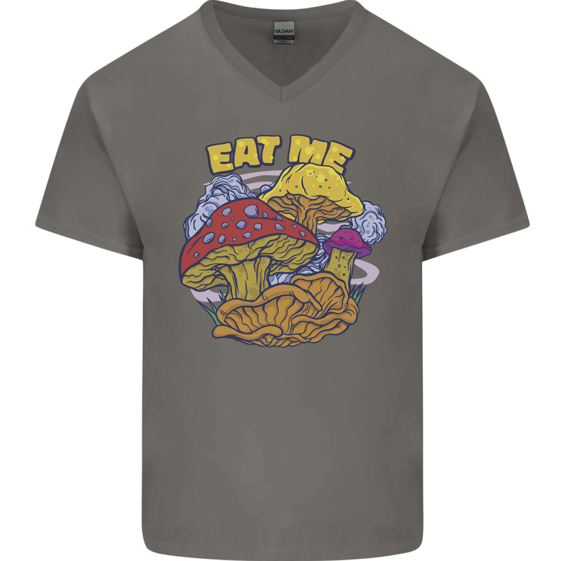 Eat Me Mushroom Fungi Mycology Mens V-Neck Cotton T-Shirt Charcoal