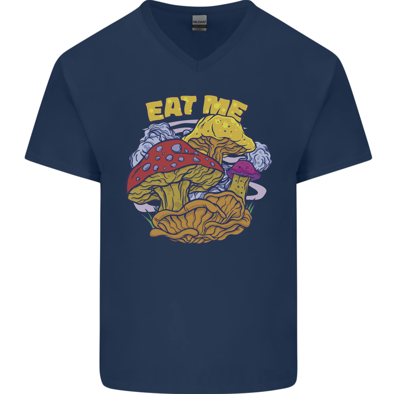 Eat Me Mushroom Fungi Mycology Mens V-Neck Cotton T-Shirt Navy Blue