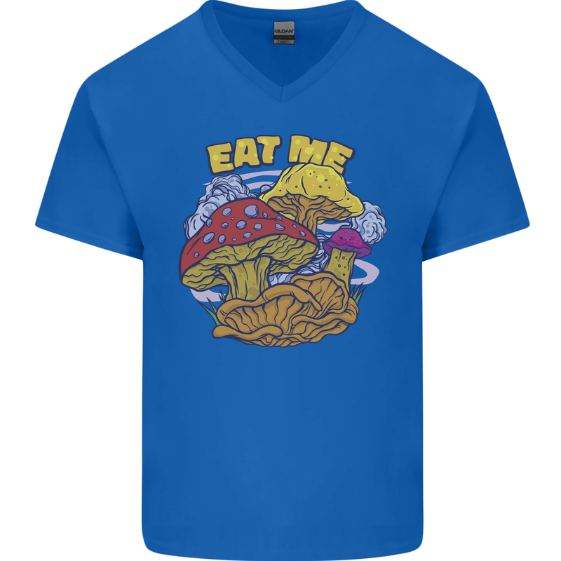 Eat Me Mushroom Fungi Mycology Mens V-Neck Cotton T-Shirt Royal Blue